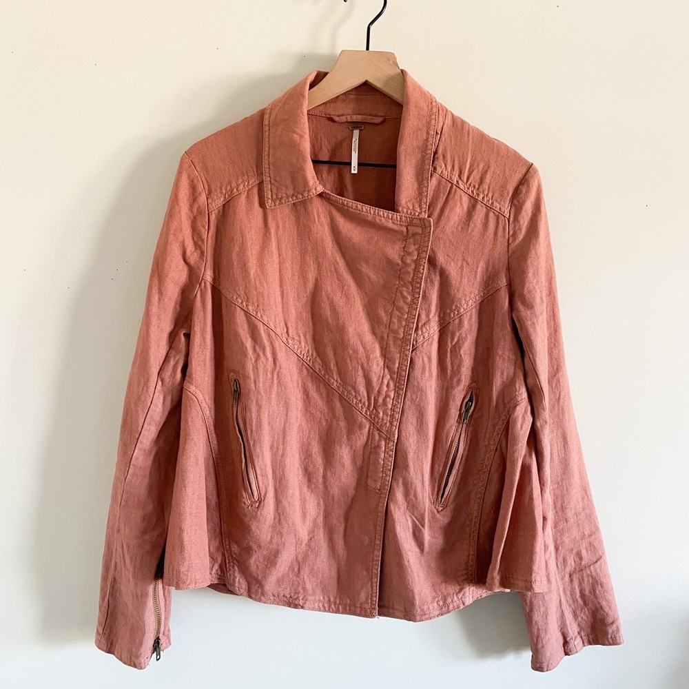 Free People Rosewood Linen Moto Jacket Size L Dusty Rose | Button Front Large Co